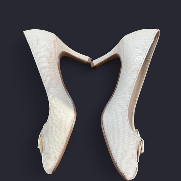 Y2k vintage highlights Cream Peep-Toe Bow heels reptile embossed size 7.5 - Picture 2 of 6
